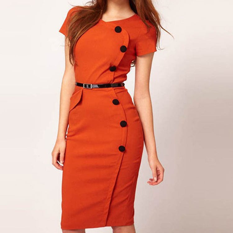 L / CORAL RED Custom Fashion Women's Formal Elegant Dress With A-line Button Official Pencil Dress Summer Slim Dress Solid Women Fall Kleid