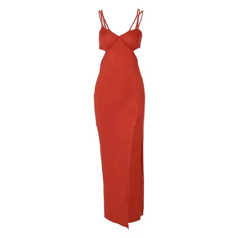 L / CORAL RED New Fashion Solid Color Sexy High Split Halter Dress