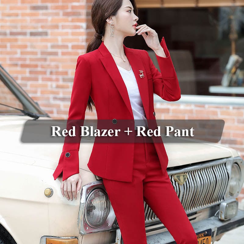 L / CORAL RED Two Piece Set Office Lady Pant Suit Fashion Designs Women Business Suits Blazer with flares trousers