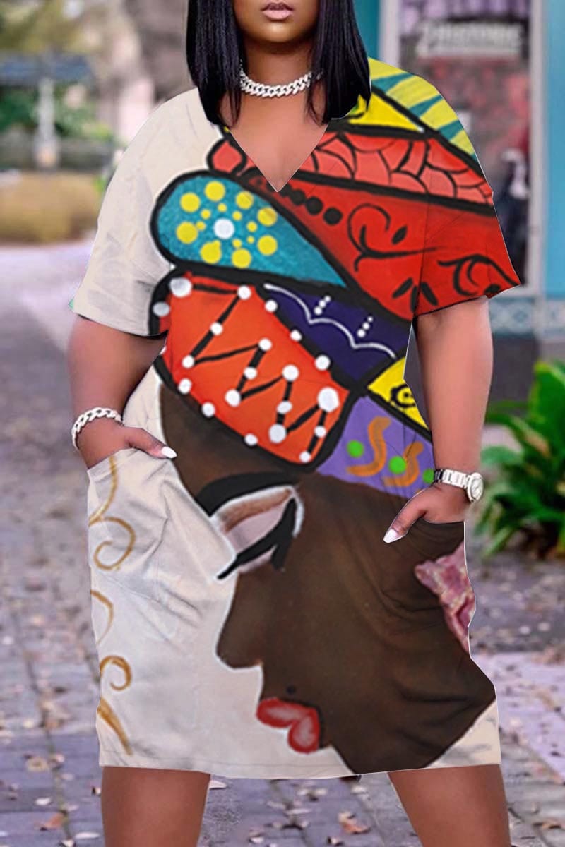 L / Cream White Z102089 Plus size summer dress with Pocket short Sleeves V Neck Straight 3D printing Dresses