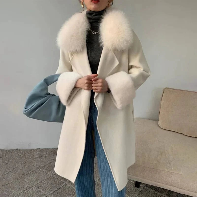 L / Cream Windproof Belted Cashmere Coat Real Mink Fur Cuffs Long Wool Coat Women With Fox Fur Collar