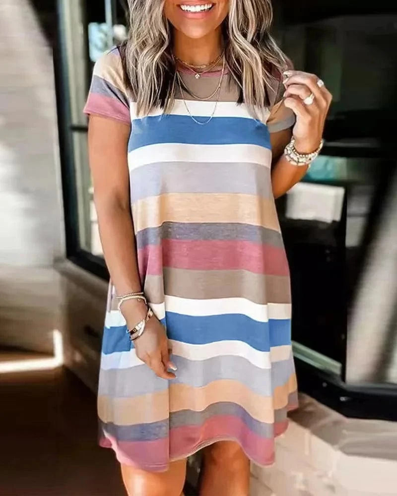 L / Dark blue Striped Summer Wholesale Hot Selling Loose Casual Striped Printed Short Sleeved Women's Short Dresses