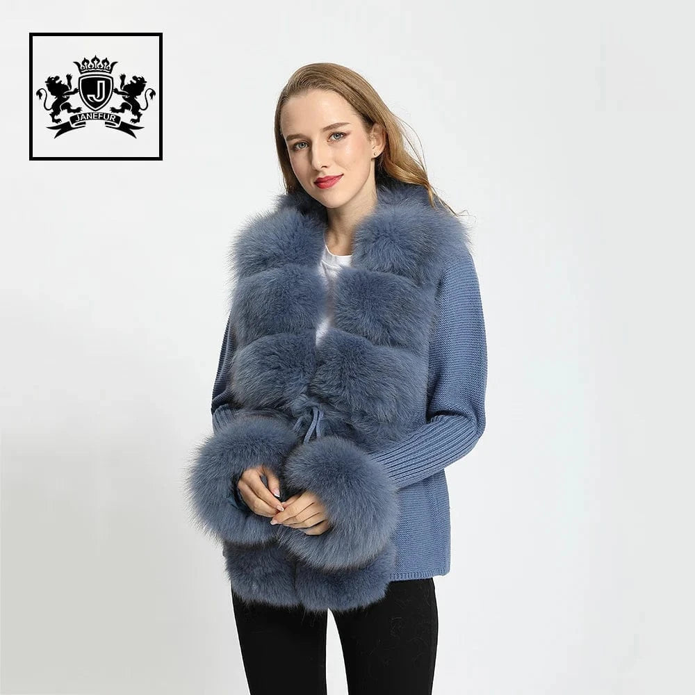 L / Dark blue Wholesale Ladies Autumn Winter Knitted Fox Fur Trim Wool Fur Sweater
