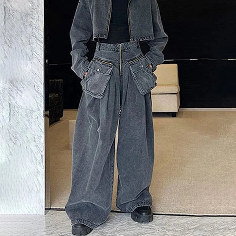 L / Dark Gray CHICEVER Loose Spliced Pockets High Waist Patchwork Zipper Denim Jeans Pants For Women