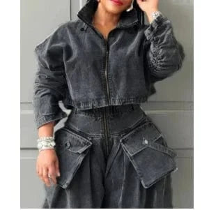 L / Dark Gray CHICEVER Winter Stand Collar Spliced Drawstring Long Sleeve Patchwork Zipper Women Jacket 2023