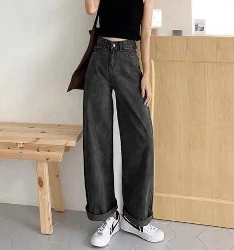 L / Dark Gray Women's High-Waisted Wide Leg Blue Denim Jeans