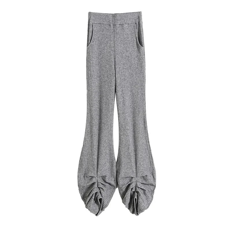 L / Dark Grey Custom High Quality Women Rib Trousers Office Slim Pile Up Flared Pants Elastic Waistband Female Trousers Women Joggers Pants