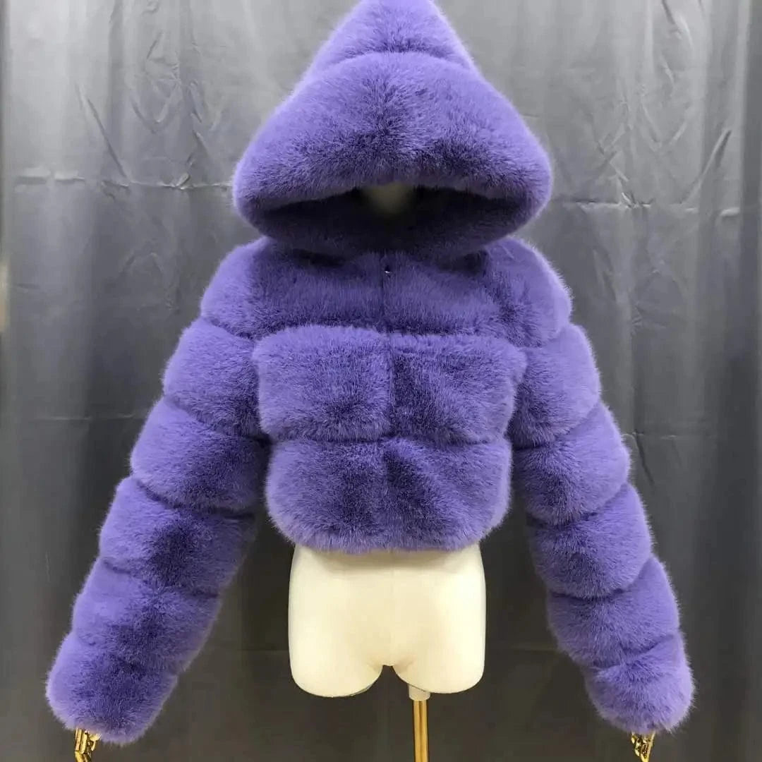 L / Faux Fur Coat 23 2024 New Arrivals Women Winter Clothes Faux Crop Hoodies Fur Jacket Fashion Long Fur Coat