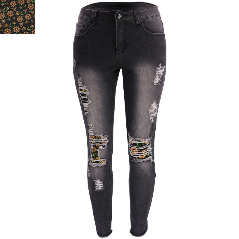 L / Flower -Black 9136 New fashion spring fall 2023 women clothes casual floral patches ladies denim trousers ripped jeans legging women's jeans