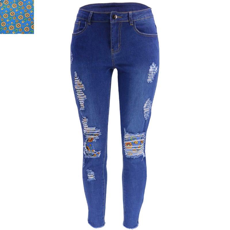 L / Flower -Dark Blue 9136 New fashion spring fall 2023 women clothes casual floral patches ladies denim trousers ripped jeans legging women's jeans