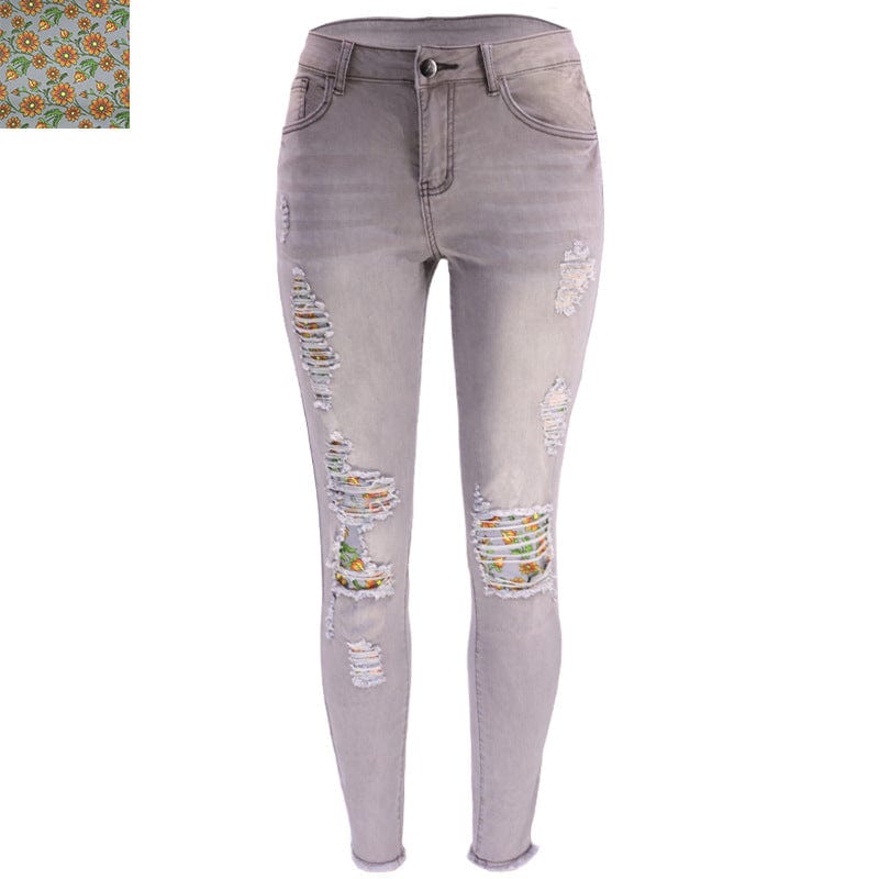 L / Flower -Gray 9136 New fashion spring fall 2023 women clothes casual floral patches ladies denim trousers ripped jeans legging women's jeans