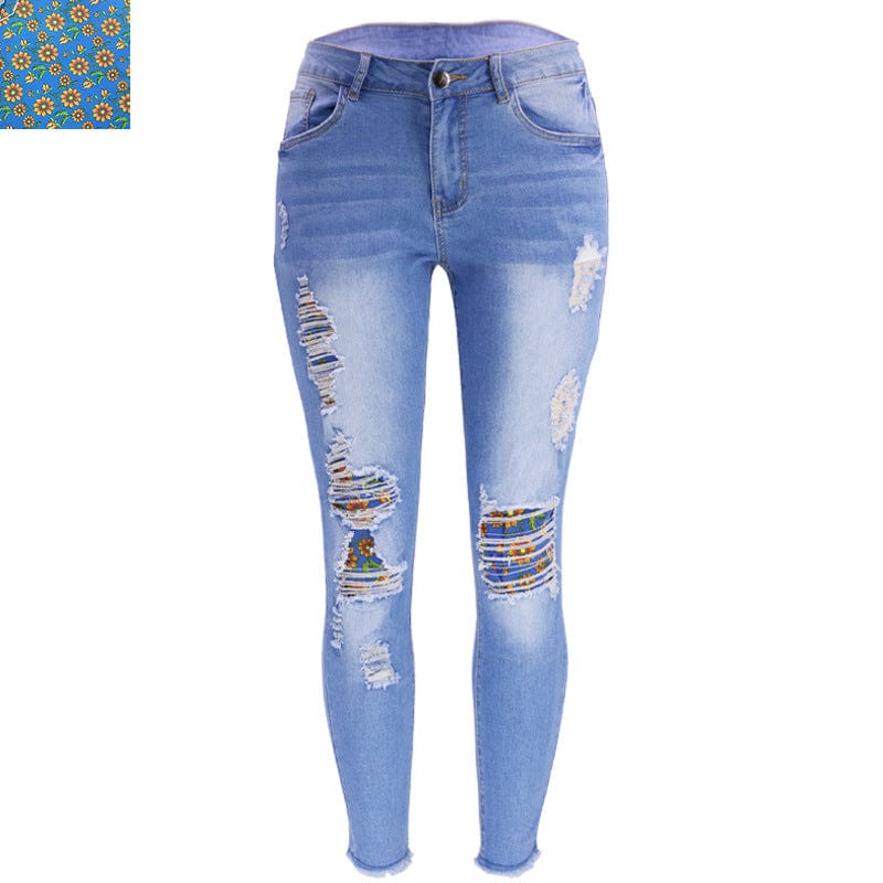 L / Flower -Light Blue 9136 New fashion spring fall 2023 women clothes casual floral patches ladies denim trousers ripped jeans legging women's jeans