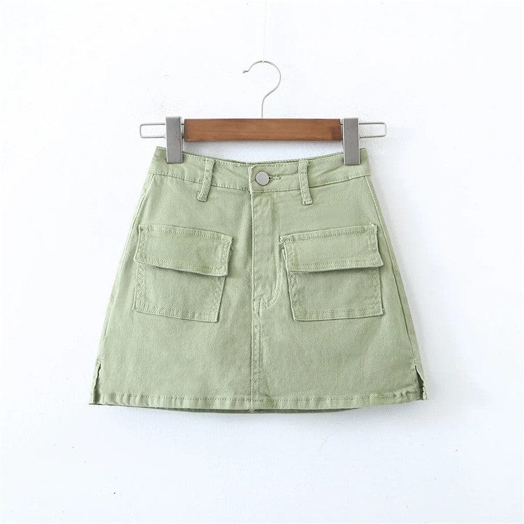 L / Fruit green Denim Cargo Mini Skirt Women Women Pocket Harajuku Jean A-line Skirts Streetwear