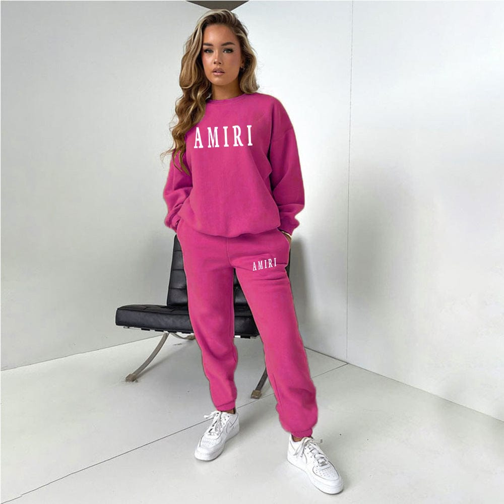 L / Fuchsia C1575 Spring 2023 Letter Print Tracksuit Round Neck Long Sleeve Sweater Outfits Two Piece Set
