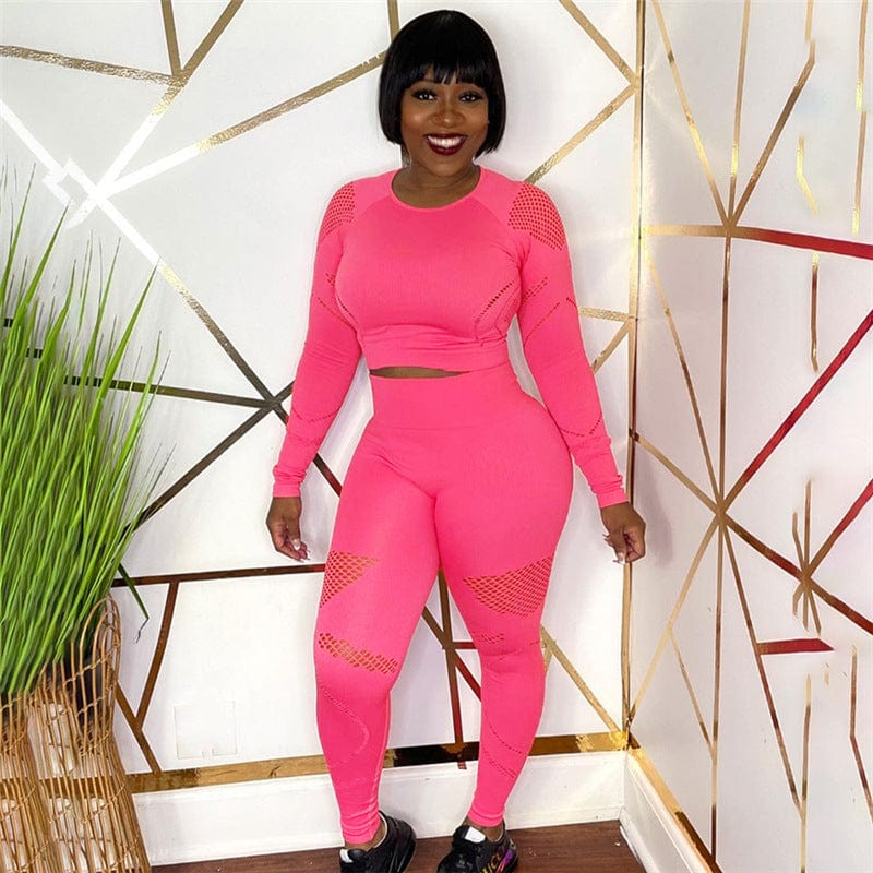 L / Fuchsia C1713 New hollow out long sleeve top high waist tight stretching yoga pants suit women