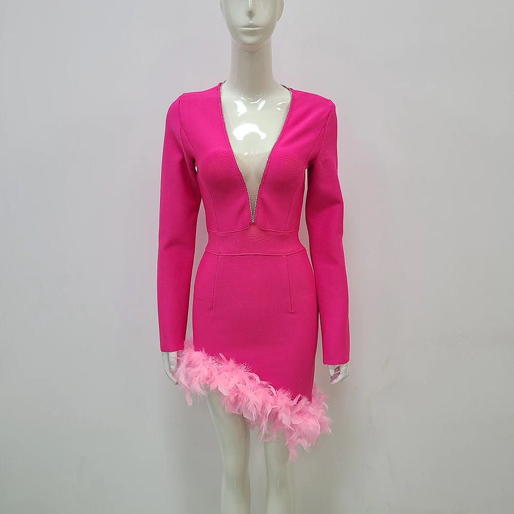 L / Fuchsia Fashion Cheap Women's Celebrity Evening Club Feathers Unique Designer Women Party Dress
