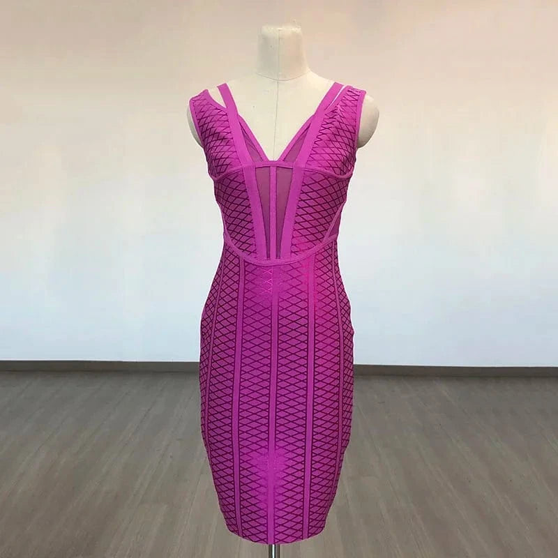 L / Fuchsia Fashion Clothes Women's Elegant Bodycon Sleeveless Hollow Out Bandage Party Evening Dresses