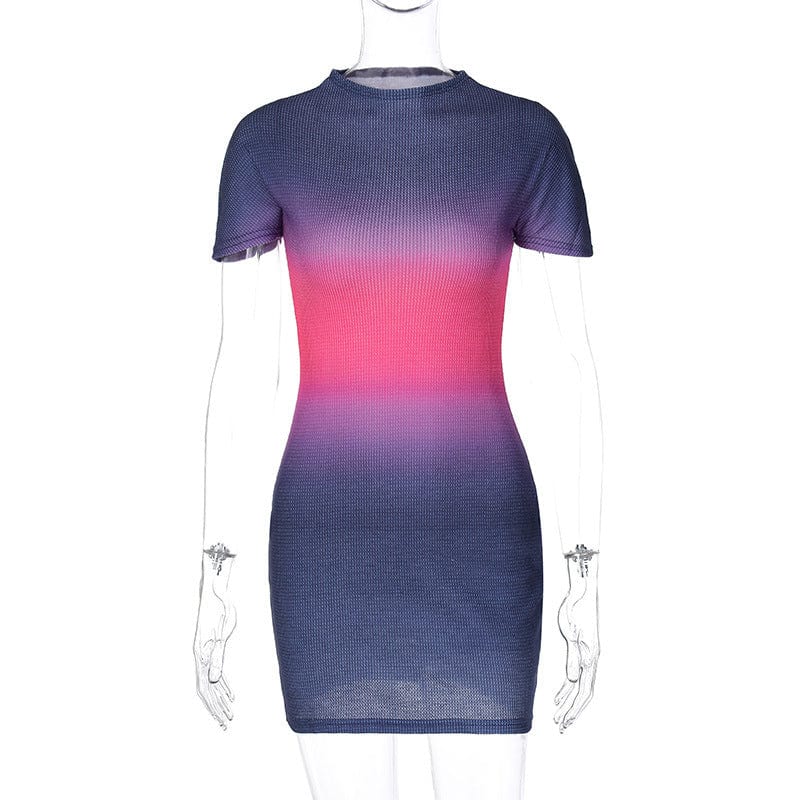 L / Fuchsia New trendy color block ladies short sleeve mini tight dress O neck women sexy slim bodycon dress