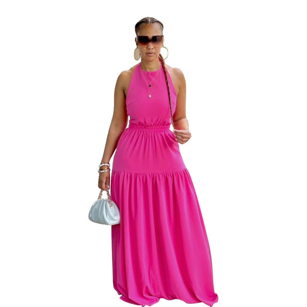 L / Fuchsia Quality Casual Sleeveless Backless Elegant Maxi Dress