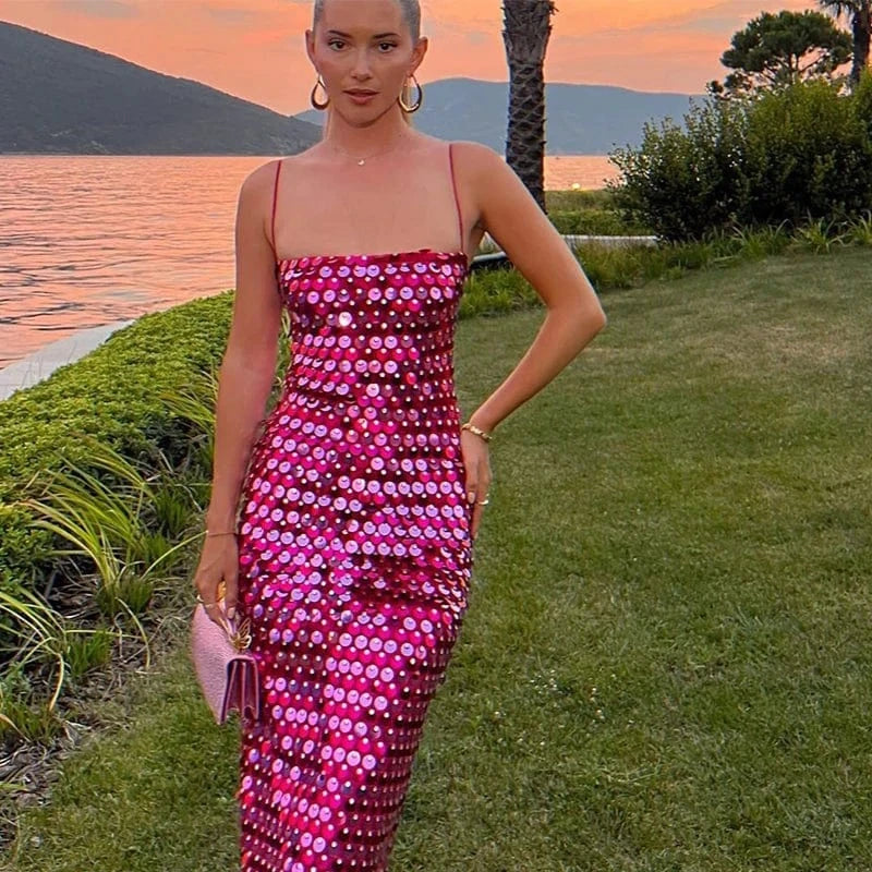 L / Fuchsia W-S1173A Sexy Backless Sequined Strap Tube Top Dress Solid Straight Long Vestidos Slip Evening Robe