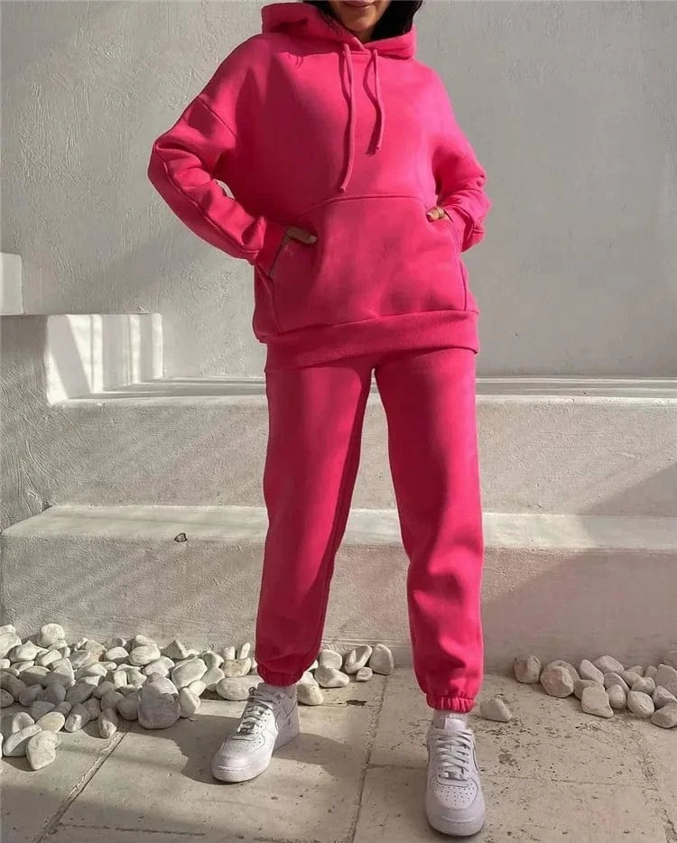L / Fuchsia Women's Outfits Long Sleeved Plush Hooded Sweater Loose Casual PantsWomen Two Piece Set Autumn and Winter Fashion Suit