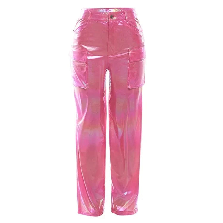 L / Fuchsia Women's Shiny Patchwork Hip Hop Pants Women Casual Straight Pocket Leg Trousers Ladies Bottoms