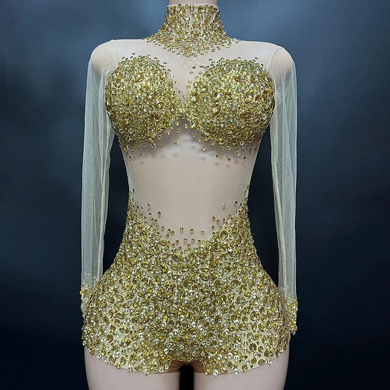 L / gold Novance Y2113-JD Women Club Wear New Arrivals Rhinestone Romper Women Performance Wear Spandex Sexy Purple Club Catsuit