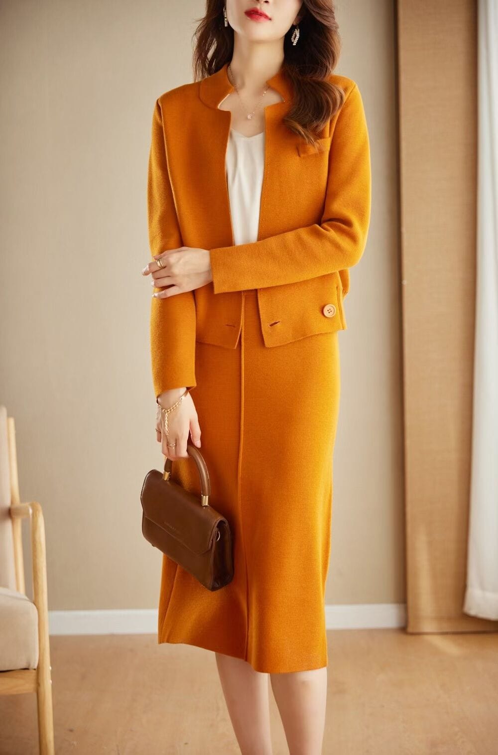 L / Golden Camel High Quality Sweater Sets 2023 Spring Autumn Casual 2 Piece Set Women Knitted Cardigans+Mid-Calf Knitting Skirt Sets Khaki Black