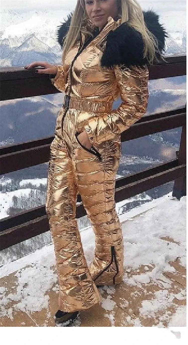 L / Golden Fur Hooded Ski Jumpsuit Women Winter Long Sleeve Cotton Padded Coat Slim Fit Quilted Parka Zip Up One Piece Snowsuit