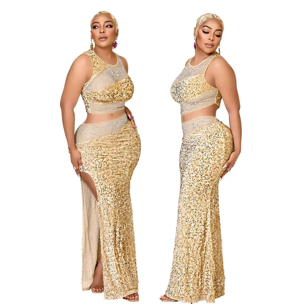 L / Golden J&H Sleeveless Crop Top Matching High Slit Wrapped Long Skirt Hot Diamond Sequin Two-Piece Set For Women