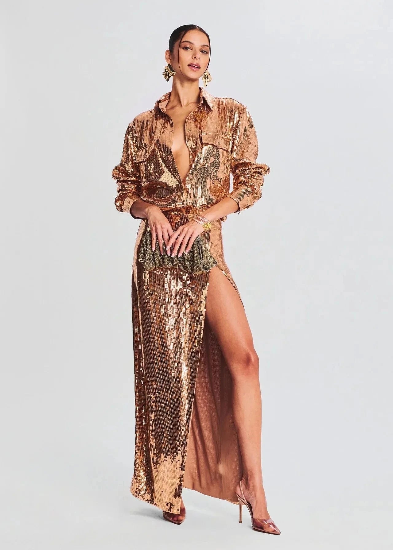 L / Golden SR2289 New Arrivals Two Piece Skirt Set Long Sleeve Two Pieces Sexy Set Sequin Luxury Clothes With High Slit