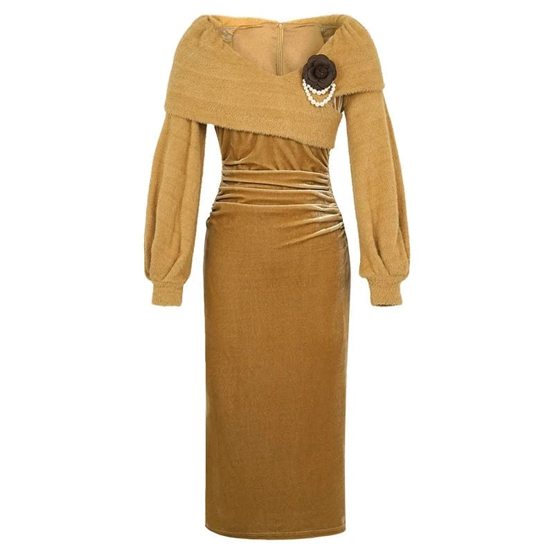 L / Golden ZYHT 11224 Corsage Decor Pleated Waist Elegant Velvet Dress Sexy Off Shoulder Puff Sleeve Slit Evening Dresses