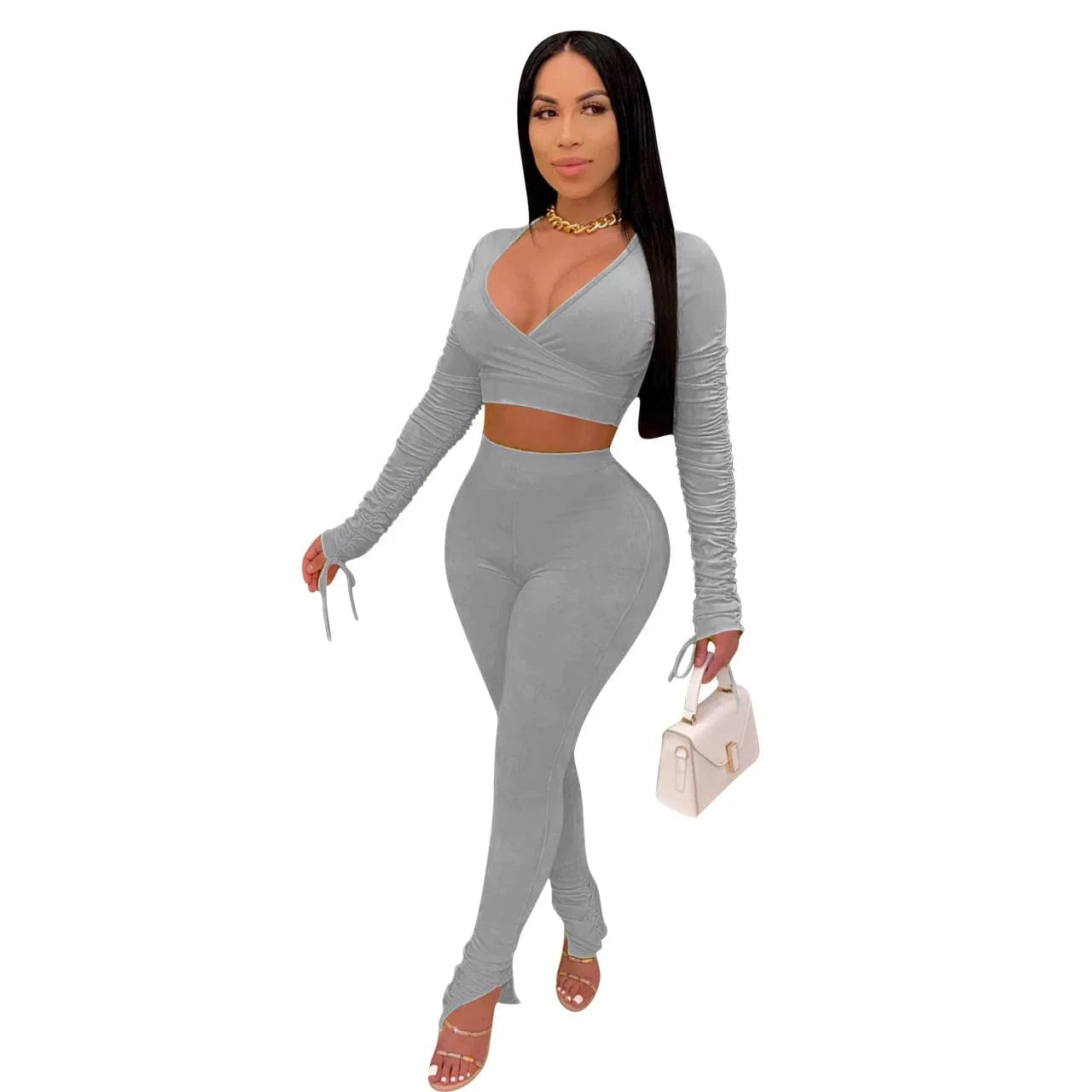 L / Gray Bodycon Fall Two Piece Women Pants Sets Pleated Long Sleeve Slit Legging Sexy Ladies 2Piece Outfit