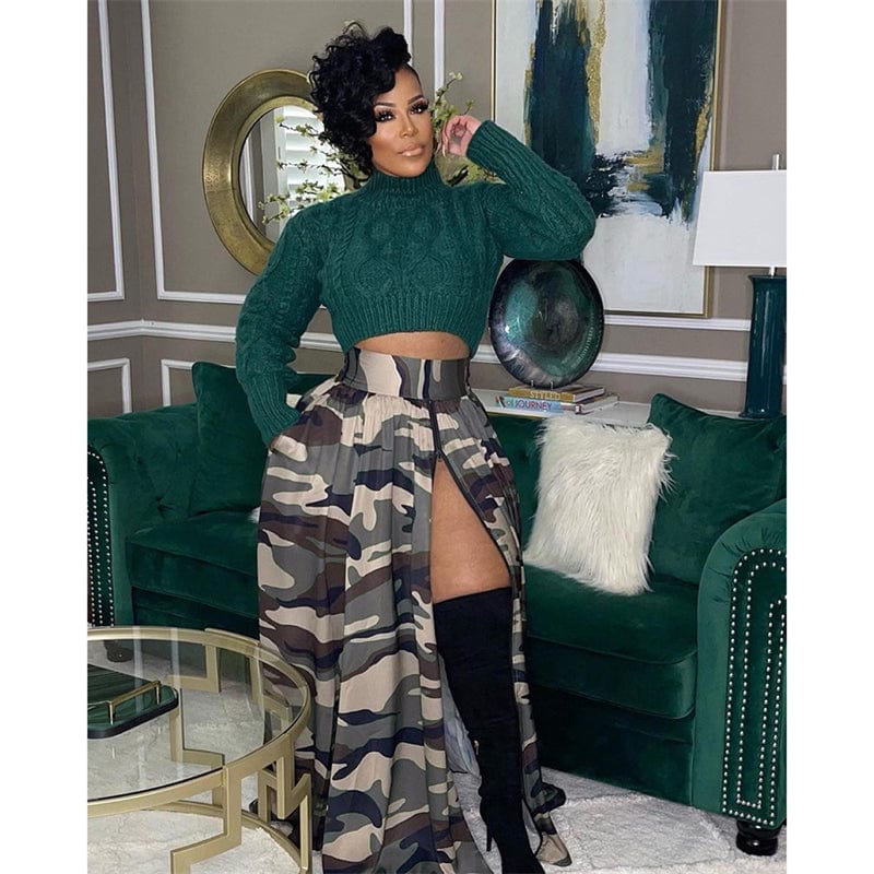 L / Gray camouflage camo printed women's high waist long african flared front side zipper high slit split skirt for women with slit