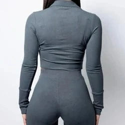 L / Gray Casual Autumn Ribbed 2 Piece Set Women Outfit Solid Polo-Neck Buttons Long Sleeve Skinny Women's Sets