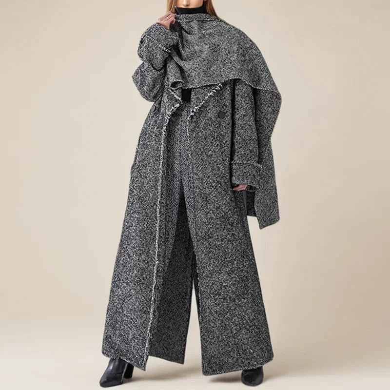 L / Gray CHICEVER Fashionable Hit Color Notched Collar Long Sleeve Long Jacket For Women Winter