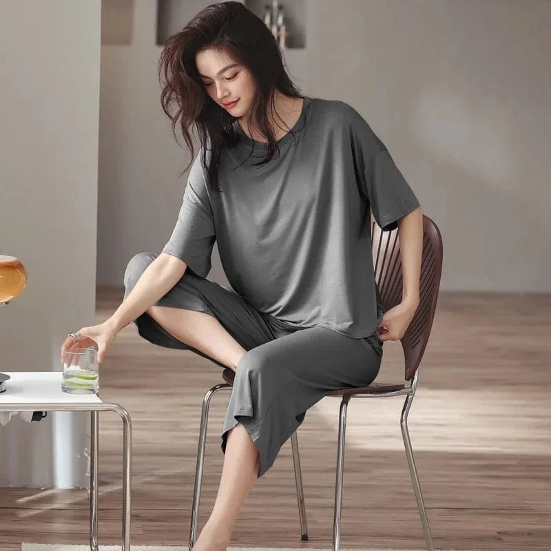 L / Gray Cozy modal spandex crew neck short sleeve t shirt with short two piece sets lounge wear live room wearing sleeve wear