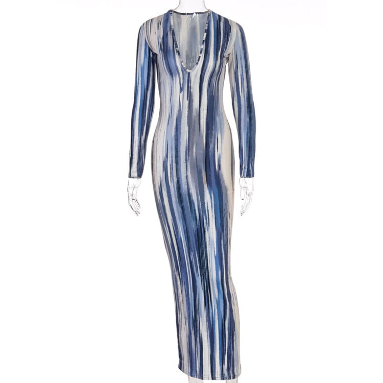 L / GRAY Dresses Popular High Quality Spring Autumn Colorful Printed Ladies Party Dresses Long Sleeve Bodycon Casual Maxi Dress for Women