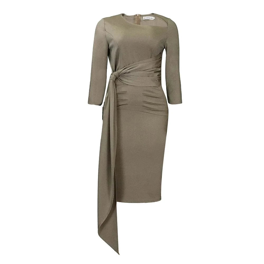 L / Gray Europe And The United States Autumn And Winter New Solid Color Temperament Commuter Fold Strap Dress