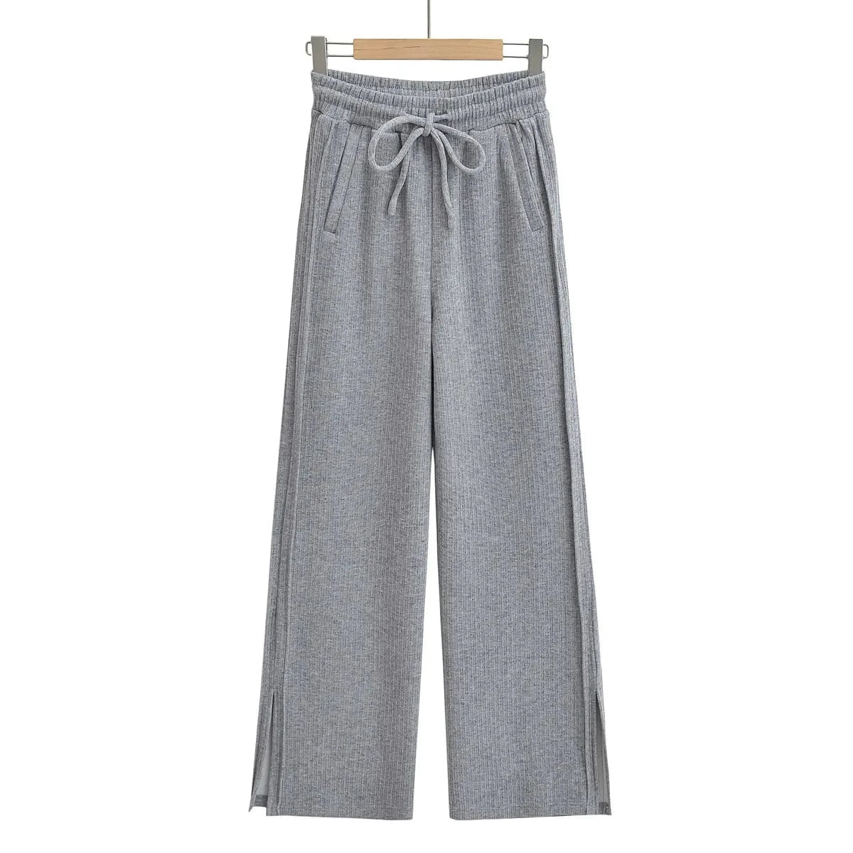 L / Gray High Quality Rib Loose Ladies Sweatpants Elastic Waistband Sport Casual Female Side Pocket Trousers Women Joggers Pants