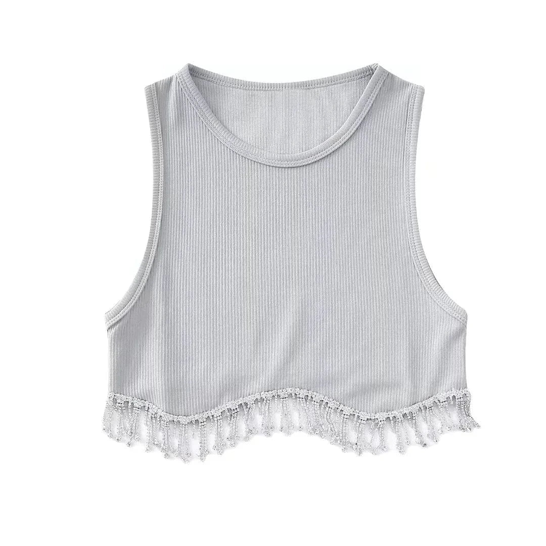 L / Gray INS Hot Sell Dropshipping Curved Hem Inlaid Jewellery Decoration High Stretch Crop Tank Top