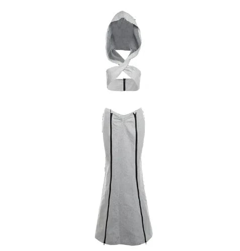 L / Gray Liu Ming 2024 New Products Women Y2K Elegant Two Pieces Set Short Hoodies Camisole Vest Tops Skinny Zipper Long Skirt Suit