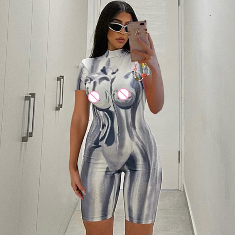 L / Gray Lygens 2175 Tie Dye Print Stretchy Short Sleeve One Piece Rompers 2023 Summer Casual Streetwear Club Jumpsuits Women Clothes
