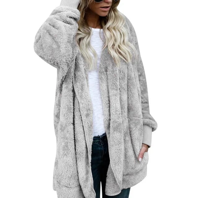 L / Gray New Year Spring Faux Fur Teddy Bear Coat Jacket Women Fashion Open Stitch Hooded Coat Female Long Sleeve Fuzzy Jacket