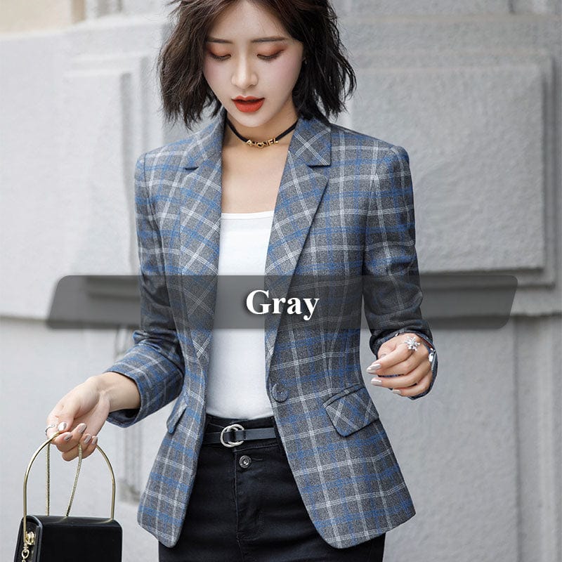 L / Gray OEM Soft and Comfortable High-quality Plaid Jacket with Pocket Office Lady Casual Style Blazer Women Wear Single Button Coat