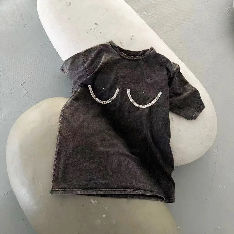 L / Gray OUDINA American Style Bust Diamond Short Sleeve Women's Spring And Summer Solid Color Simple Round Neck Ladies T-shirt