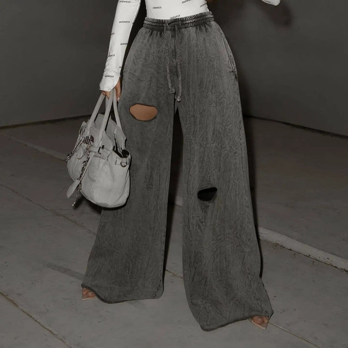 L / Gray OUDINA New High-waisted Ladies Sweatpants Drawstring Wide Leg Loose Lazy Ripped Design Women's Casual Pants