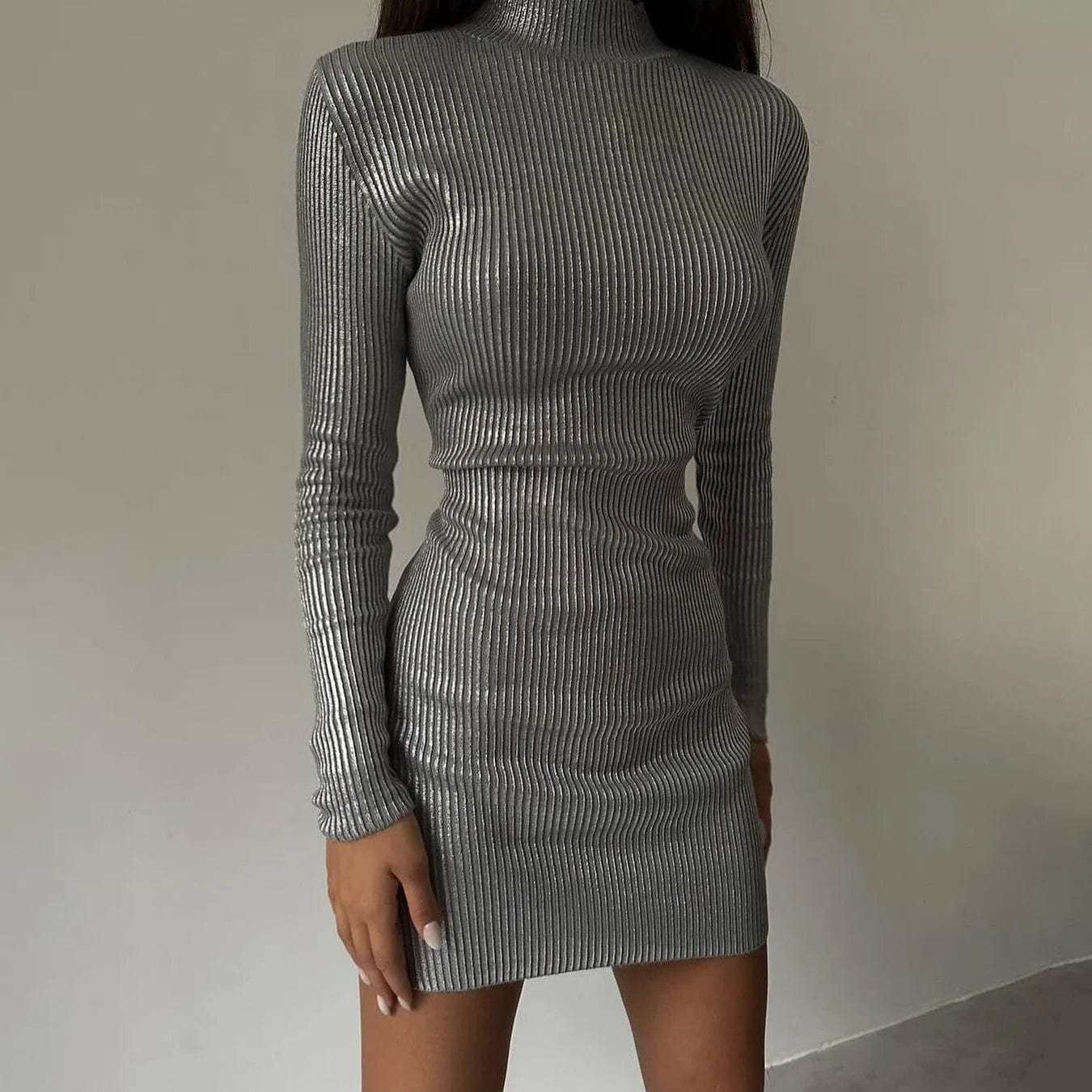 L / Gray OUDINA Sexy Style Short Dresses Women Glossy Bronzing Winter Advanced Slimming Long Sleeve Bodycon Dress