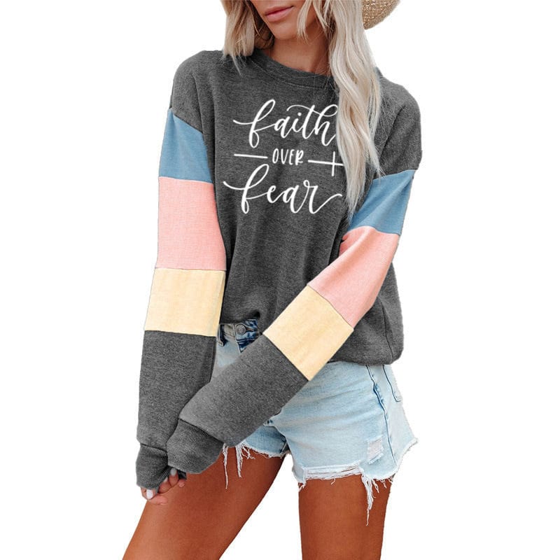 L / Gray Patchwork Fashion Women Sweatshirt Casual Long Sleeve Pullover Faith Print Crewneck Women logo hoodie  Sweatshirt