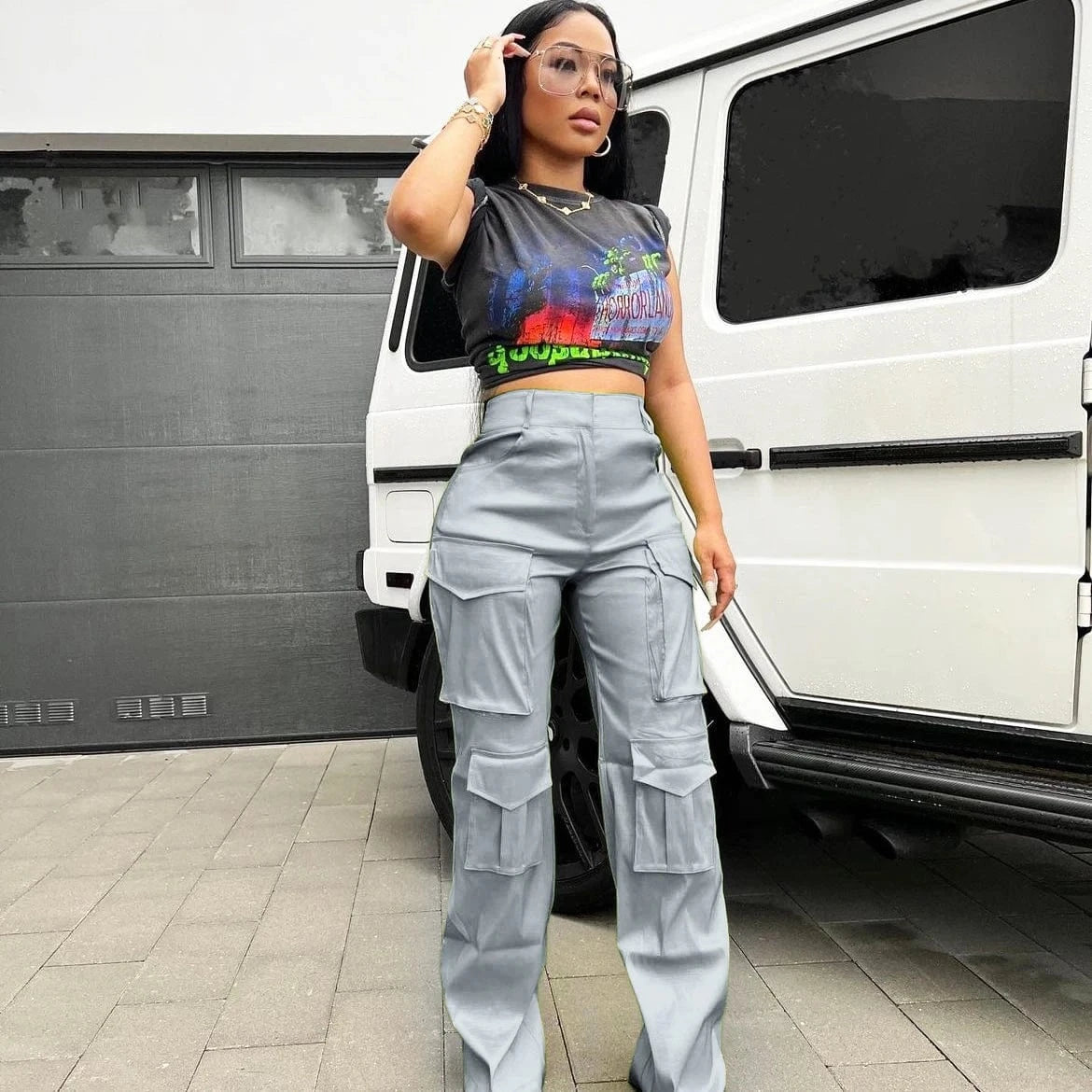 L / Gray Polyester syed ladies autumn y2k cargo pants multiple pockets trousers